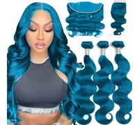 Fasci di capelli umani con chiusura Capelli blu Body Wave 3 fasci Estensioni di tessitura dei capelli umani (Dimensioni: 13 x 4, Colore: 14 14 14 pollici2) -13" x 4" -12 12 14 e 10