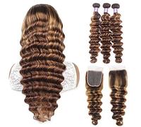 Fasci di capelli umani Evidenzia i fasci di capelli umani Fasci di onde profonde sciolti con chiusura Chiusura in pizzo 4x4 con fasci Fasci di biondo miele di Remy brasiliano Extension per capelli(22