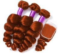 Fasci di capelli umani Fasci con chiusura Fasci di tessuto for capelli umani brasiliani dell'onda del corpo con chiusura frontale in pizzo # 350 Capelli Remy color zenzero Extension per capelli(13" x