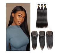 Fasci di capelli umani Fasci di capelli lisci di grado 10A con chiusura Capelli umani Remy da 10-34 pollici 3 fasci con chiusura Fasci di capelli brasiliani con chiusura, nero naturale Extension per c