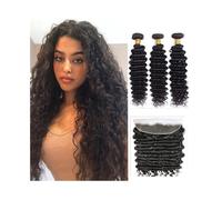 Fasci di capelli umani Fasci di onde ricci profondi con chiusura frontale Capelli umani brasiliani pieni e spessi 3 fasci con pizzo frontale 13x4 Estensioni per capelli(20 20 20 Frontal 16)