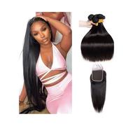 Fasci di capelli umani for donne, colore naturale, fasci di capelli brasiliani lisci da 12-26 pollici con chiusura in pizzo 4x4, parte libera(20+22+24+Closure 18)