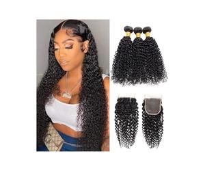 Fasci di capelli umani, Pacchetti di capelli umani con chiusura, parte libera, extension Remy trama riccia crespa(14inch)