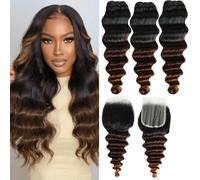 Fasci di onde profonde sciolte Ombré con chiusura di capelli umani 45,7 50,8 cm 50,8 cm castano marrone Ombre fasci di capelli umani con chiusura in pizzo 4x4 1B/2/4 tre toni Ombré marrone sciolto