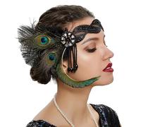 Fascia Anni '20 Donna con Piume Eleganti Accessorio Stile Flapper per Costumi Halloween Feste in Maschera e Party a Tema Decorazione Retrò con Cristalli e Perle Autentiche Anni Venti (Green, One Size)