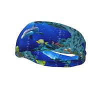 Fascia antisudore sportiva unisex con stampa 3D di pesci e delfini del mondo sottomarino per corsa, yoga, fitness, basket, calcio, ciclismo