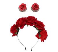 Fascia Da 1 Pezzo Con Rosa Rossa e 1 Paio Di Orecchini - Elegante Fascia a Fiori Per Donna, Ideale Per Sposa e Festa Di Compleanno