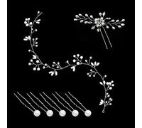 Fascia di vite da 50 cm con 1 fermaglio a forma di fiore con strass e 5 forcine di perle a forma di U, vite, cristalli, accessori per capelli da sposa, adatto per matrimonio (colore: argento)