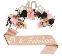 Fascia e corona di fiori per il 40° compleanno, con stella floreale nera e rosa, set con fascia per capelli e copricapo, per donne di 40 anni, regalo di compleanno per mia moglie, sorella, collega e