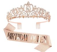 Fascia e diadema per compleanno, 100 g, in lega e tessuto, set con strass, diadema di compleanno da donna, elegante accessorio per capelli, accessorio per capelli, copricapo con design a pettine