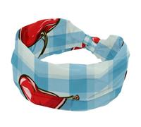 Fascia elastica per capelli da donna, con grazioso motivo ciliegia su sfondo scozzese blu, antiscivolo, turbante sportivo alla moda, per yoga, allenamento, uso quotidiano