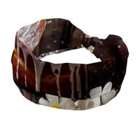 Fascia elastica per capelli da donna, margherita con torta dolce su sfondo di legno vecchio, assorbe il sudore, sport, yoga, allenamento, fascia morbida e larga, fascia per capelli annodata