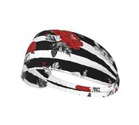 Fascia elastica sportiva con stampa a righe bianche e nere con rose rosse, alla moda, assorbe il sudore e traspirante, adatta per vari sport, corsa, yoga, fitness, ecc