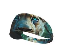 Fascia elastica unisex per capelli sportiva, traspirante, ideale per corsa, allenamento e sport all'aria aperta. Immagine di una leonessa con occhi blu e verdi.
