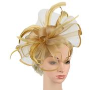 Fascia for capelli con fiori da donna con fermaglio for capelli, cappello da cocktail, copricapo da festa con velo e piuma for donna(Gold)