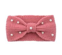 Fascia invernale lavorata a maglia, elastica con nodo, larghezza fascia per le orecchie, con perle, per donne e donne, 11 x 21 cm, rosa scuro