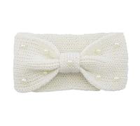 Fascia invernale lavorata a maglia, elastica con nodo, larghezza fascia per le orecchie, con perle, per donne e donne, 11 x 21 cm, crema