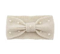 Fascia invernale lavorata a maglia, elastica con nodo, larghezza per le orecchie, con perle, per donne e donne, 11 x 21 cm, beige