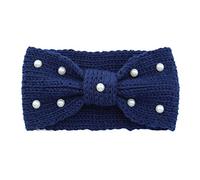 Fascia invernale lavorata a maglia, elastica con nodo, larghezza per le orecchie, con perle, per donne e donne, 11 x 21 cm, blu navy