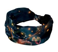 Fascia larga da donna, elastica e morbida, assorbe il sudore, per lo sport, con farfalle e fiori con sfondo dell'universo scintillante, accessorio per capelli alla moda