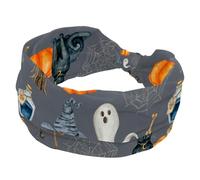 Fascia larga per capelli da donna, con zucca di Halloween, fantasma, gatto, morbido, elastico, assorbe il sudore, per sport, yoga, allenamento, fascia per capelli annodata
