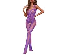 Fascia Modellante Snellente Calze a Rete Bodystocking Nylon Sexy Lingerie per Donna Calza Intera Body con Apertura sul Cavallo Calze a Rete per Il Corpo Magliette Manica Corta (Purple, One Size)