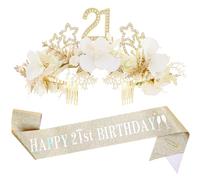 Fascia per 21° compleanno e corona di fiori, in oro bianco con stella floreale e cristalli, set per donne di 21 anni, regalo di compleanno per mia figlia, sorella, compagna di amica