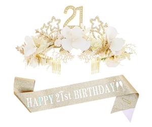 Fascia per 21° compleanno e corona di fiori, in oro bianco con stella floreale e cristalli, set per donne di 21 anni, regalo di compleanno per mia figlia, sorella, compagna di amica