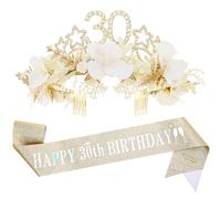 Fascia per 30° compleanno e corona di fiori, in oro bianco con stella floreale e cristalli, set per donne di 30 anni, diadema di compleanno per mia moglie, sorella, collega e amica