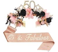 Fascia per 50° compleanno e corona di fiori, con stella floreale nera e rosa, set con fascia per capelli per donne di 50 anni, diadema di compleanno per mia madre, moglie, sorella, collega e amica