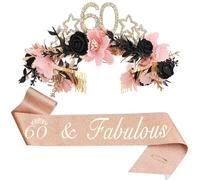 Fascia per 60° compleanno e corona di fiori, fascia per capelli con stella floreale nera e rosa, set con fascia per capelli per donne di 60 anni, regalo di compleanno per mia nonna, mamma, moglie e