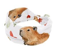 Fascia per capelli antiscivolo, con motivo floreale con capibara e cuore, elastica, per donna, larga, fascia per il sudore per yoga, allenamento, sport, palestra, corsa, fitness