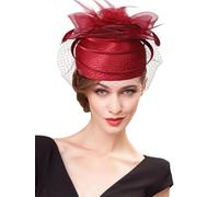 Fascia per capelli con copricapo decorativo, Cappellino derby con fascinator multicolore da chiesa matrimonio copricapo cocktail in velo di piume(Maroon)