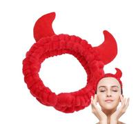 Fascia per capelli con corna da diavolo, morbida flanella, 16 x 20 x 6 cm, grazioso cerchietto per capelli con cera per viso con corna di corno per il trucco, spa, bagno, fascia elastica per corna di