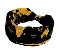 Fascia per capelli con mappa del mondo, nera, ampia, turbante, antiscivolo, elastica, per yoga, allenamento, morbida bandana per capelli
