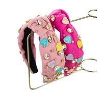 Fascia per capelli con nodo a forma di cuore per San Valentino, confezione da 2 pezzi, rosa acceso e rosa chiaro, messaggio a forma di cuore XOXO Luv U, strass e perline Galentine smaltate a forma di