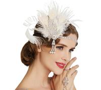 Fascia per capelli con piume di pavone anni '20, accessorio per capelli vintage con strass e nappa, avorio