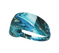 Fascia per capelli con stampa marmorizzata blu turchese e oro, antiscivolo, mantiene il sudore lontano dagli occhi, per yoga, palestra e allenamento