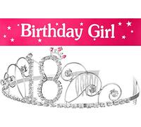 Fascia per capelli Corona + fascia Ragazza di compleanno 18 ° compleanno Buon compleanno cristallo strass corona ornamenti matrimonio capelli banda pettine fascia per le donne (Corona 18 + fascia)