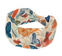 Fascia per capelli da donna, con farfalle, blu, arancione, larga, elastica, antiscivolo, traspirante, per yoga, sport, palestra, corsa, fitness