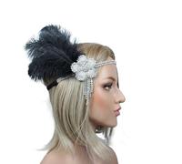 Fascia per capelli da donna, con piume, stile vintage, anni '20, con piuma, accessorio per la testa, accessorio per carnevale, cocktail, matrimoni, feste di tè, colore nero