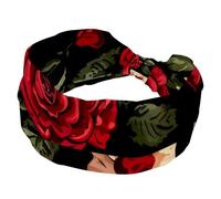 Fascia per capelli da donna, elastica, larga, antiscivolo, con lettera rosa rossa, sfondo nero, traspirante, per yoga, palestra, corsa, fitness, sport