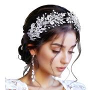 Fascia per capelli da sposa con perle finte e strass, elementi floreali e foglia, fascia per capelli da sposa in argento per un look elegante