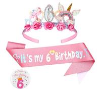 Fascia per capelli di compleanno per ragazza, 6° compleanno floreale corona glitterata fascia e distintivo set per decorazioni per il giorno della nascita ragazze, cappelli corona principessa ragazza