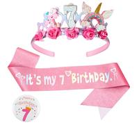 Fascia per capelli di compleanno per ragazza, 7° compleanno floreale, corona glitterata e distintivo, set per decorazioni per il giorno della nascita, cappelli a corona da principessa, fascia per