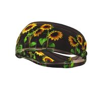 Fascia per capelli elegante con tre girasoli su sfondo di legno, ideale per sport e attività all'aperto, regolabile, elastica e traspirante.