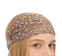 Fascia per capelli in pizzo, con perline floreali e perle, ampia ed elastica, elegante, per matrimoni, viaggi, uso quotidiano, vacanze, styling dei capelli