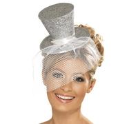 Fascia Per Capelli Mini Cappello A Cilindro Glitter Argento Accessorio Costume