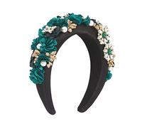 Fascia per capelli, moda donna Cespuglio di fiori Cerchio for capelli con perle Fascia for capelli in tessuto con bordi larghi Accessori for capelli leggeri e di lusso(Green)