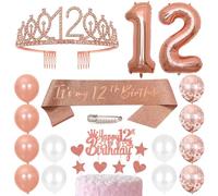 Fascia per il 12° compleanno, corona da principessa, diadema con strass, decorazione per torta con numero 12, palloncini a elio, palloncini in lattice oro rosa, decorazione per 12 anni, decorazione
